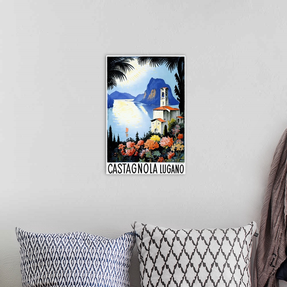 A bohemian room featuring Castagnola Lugano, Lake Resort, Vintage Poster