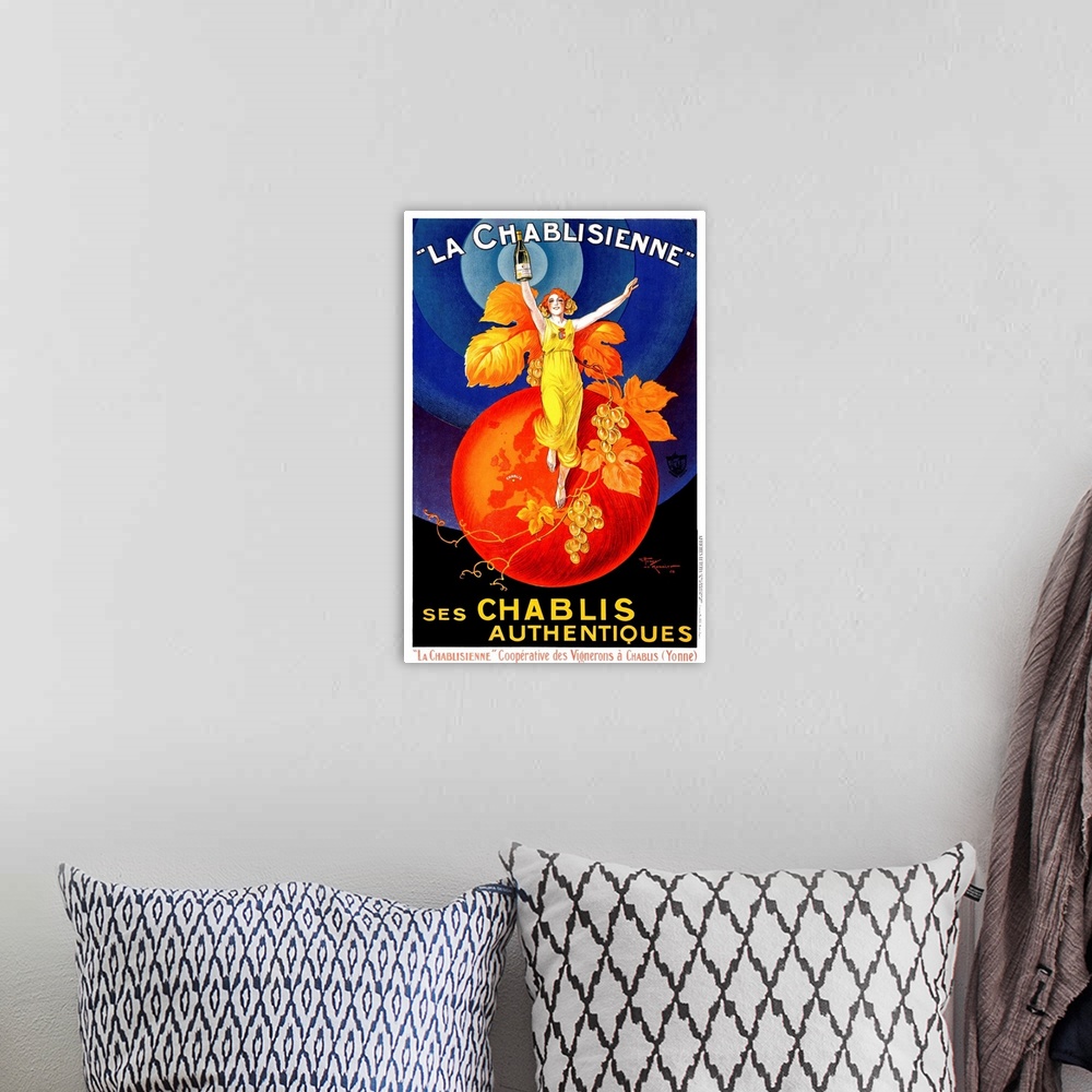 A bohemian room featuring Colorful vintage advertising poster for white wine, featuring a glamorous red-headed woman standi...