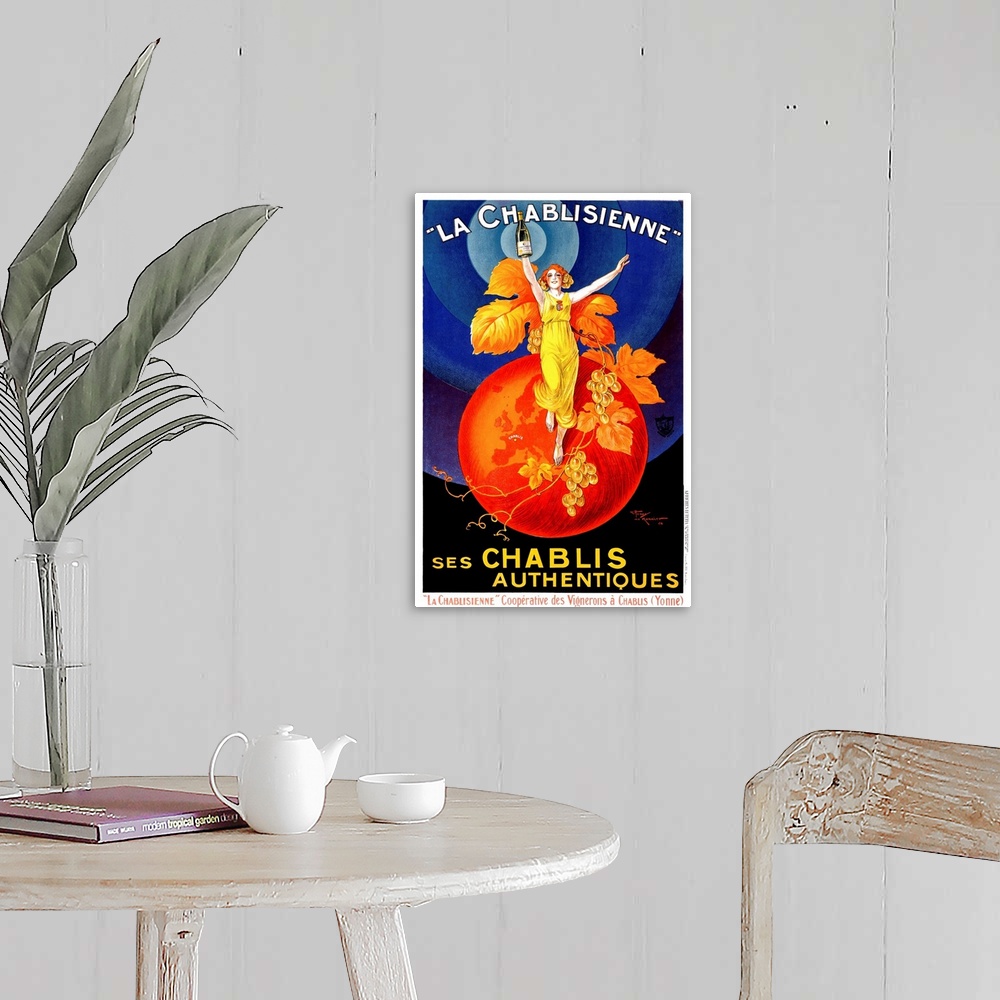 A farmhouse room featuring Colorful vintage advertising poster for white wine, featuring a glamorous red-headed woman standi...