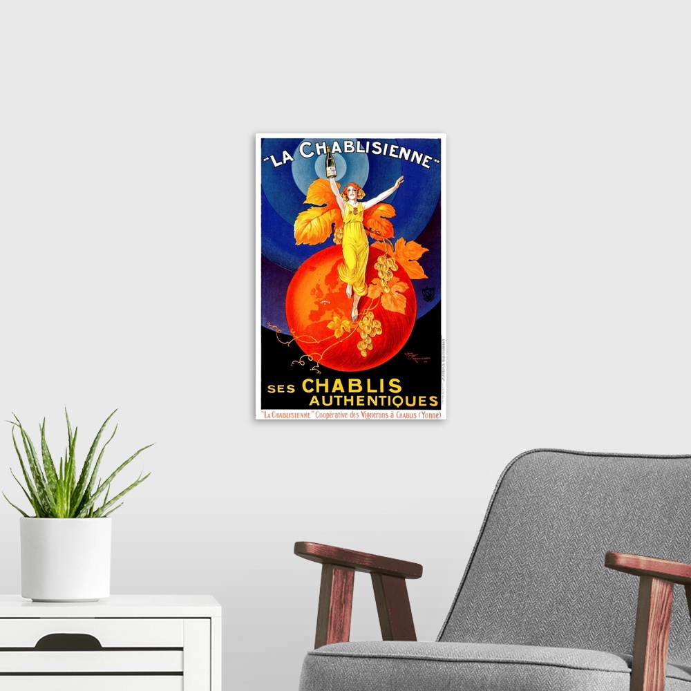 A modern room featuring Colorful vintage advertising poster for white wine, featuring a glamorous red-headed woman standi...