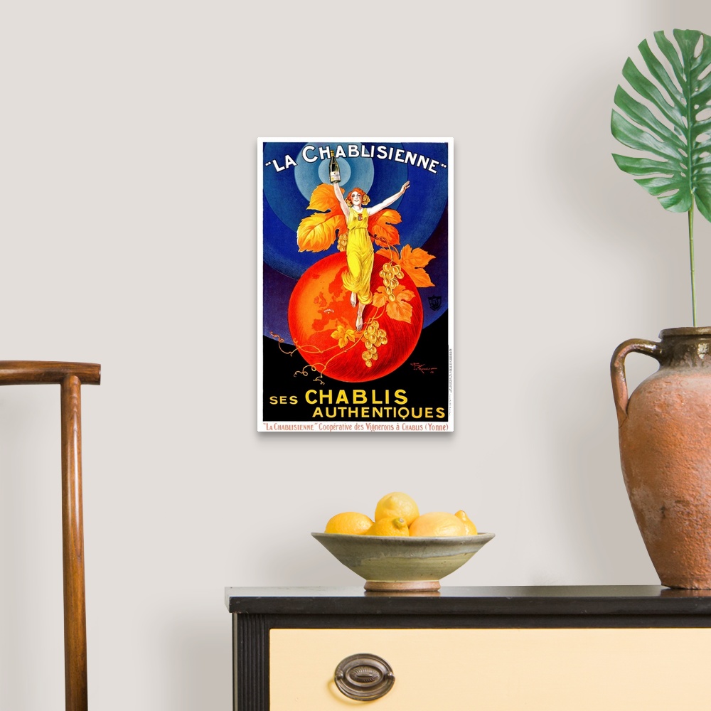 A traditional room featuring Colorful vintage advertising poster for white wine, featuring a glamorous red-headed woman standi...