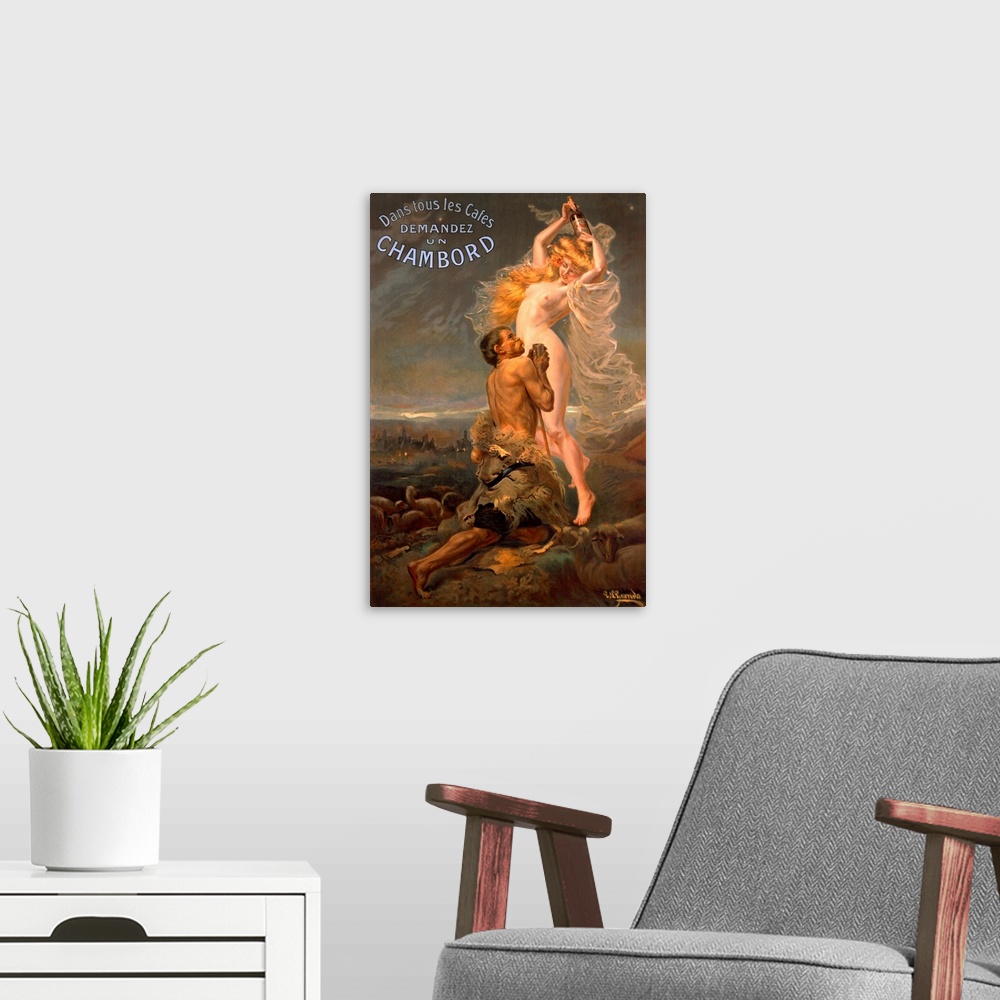 A modern room featuring Giant vintage advertising art showcases a man begging a nude woman for some of the alcoholic beve...