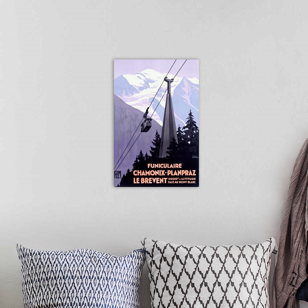 A bohemian room featuring This vertical wall art an Art Deco travel poster of a cable car passing through the Alps with Fre...