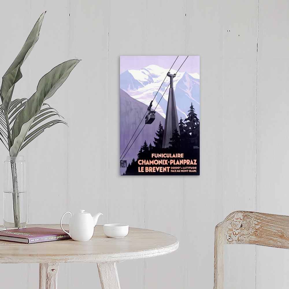 A farmhouse room featuring This vertical wall art an Art Deco travel poster of a cable car passing through the Alps with Fre...