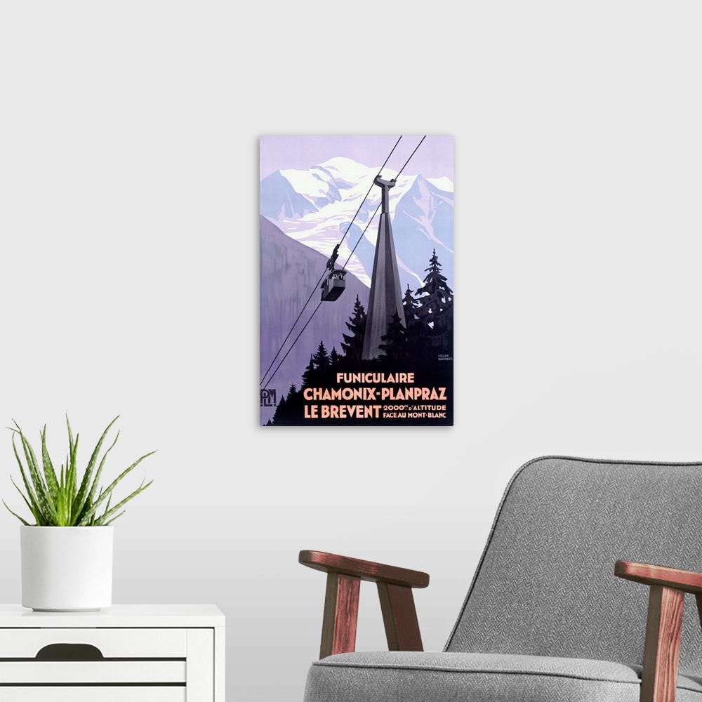 A modern room featuring This vertical wall art an Art Deco travel poster of a cable car passing through the Alps with Fre...