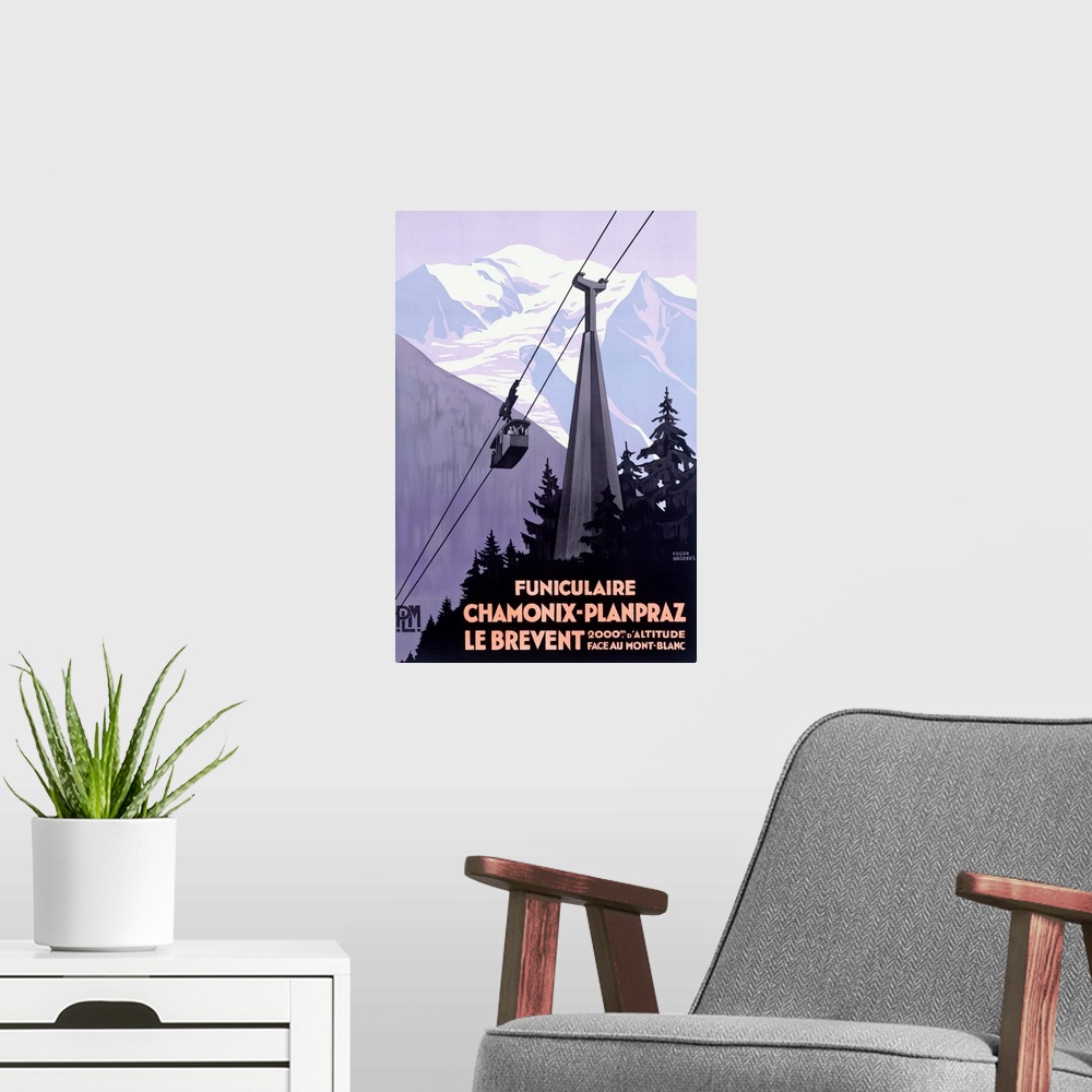 A modern room featuring This vertical wall art an Art Deco travel poster of a cable car passing through the Alps with Fre...