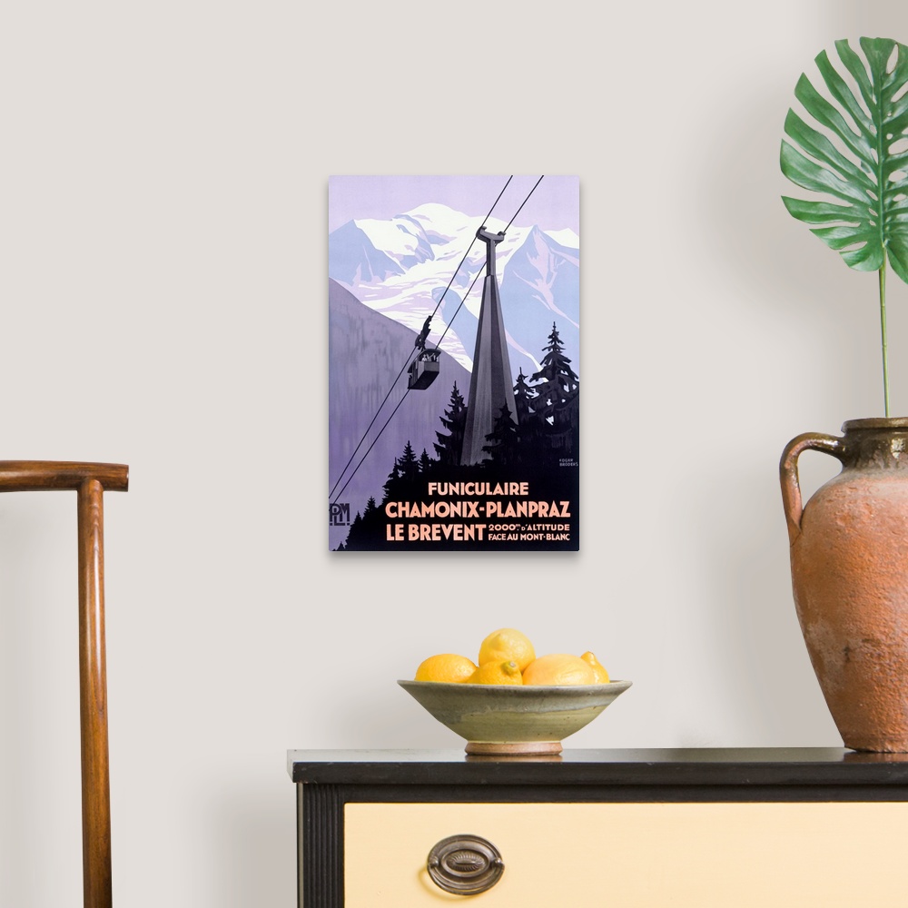 A traditional room featuring This vertical wall art an Art Deco travel poster of a cable car passing through the Alps with Fre...