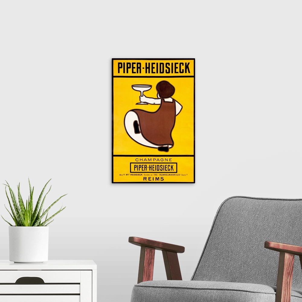 A modern room featuring Vintage champagne poster selling Piper-Heidsieck brand with a woman holding a champagne glass dan...