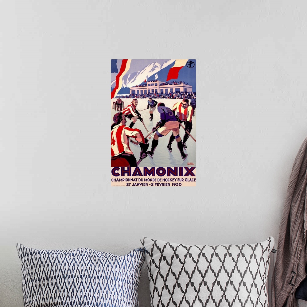 A bohemian room featuring Large, vertical,  Art Deco style, French vintage poster  of Championnat Du Monde De Hockey.  Two ...