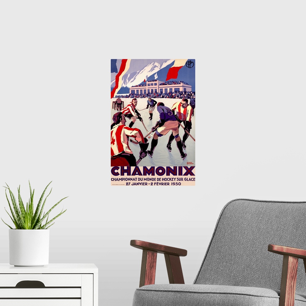A modern room featuring Large, vertical,  Art Deco style, French vintage poster  of Championnat Du Monde De Hockey.  Two ...