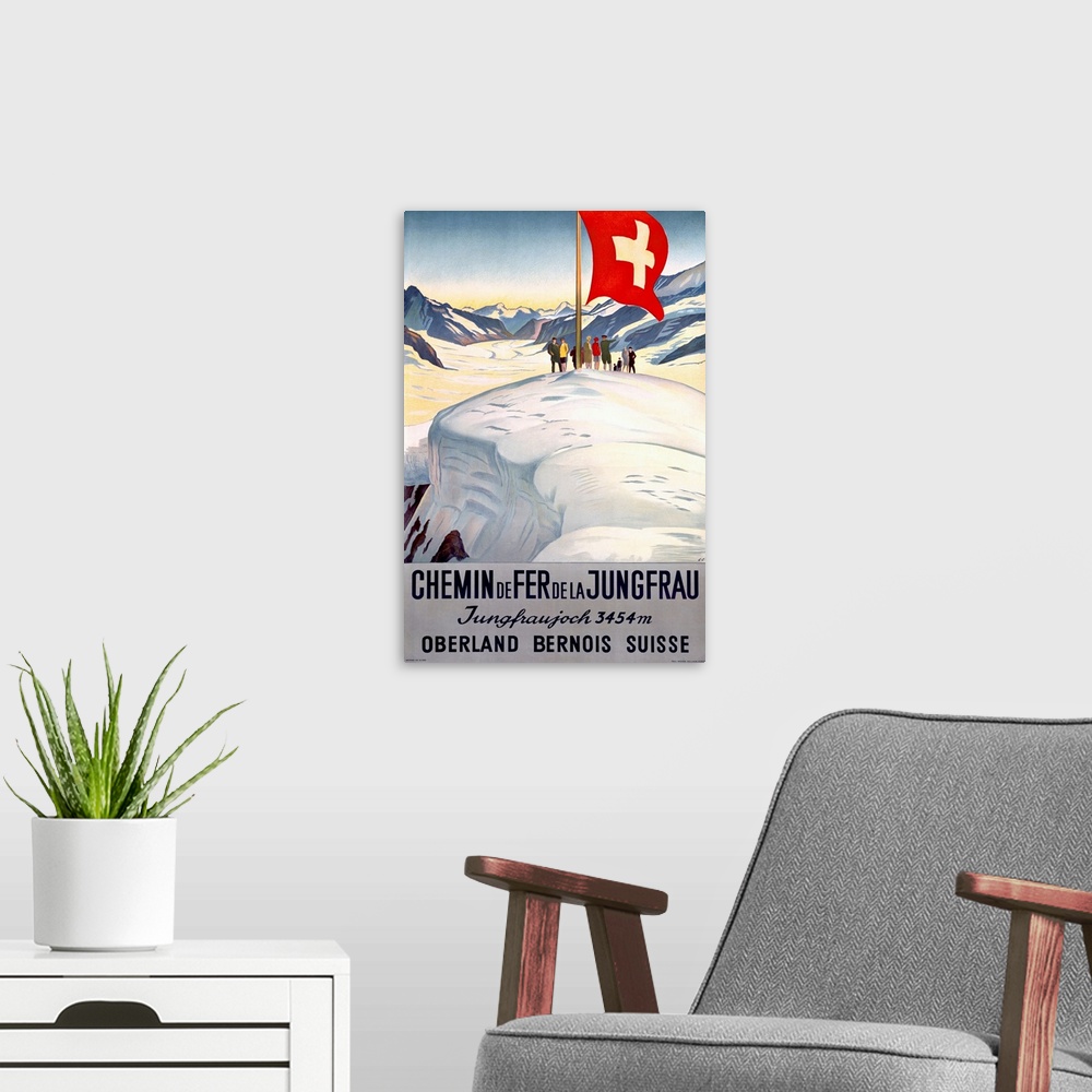 A modern room featuring Chemin de Fer de la Jungfrau, Vintage Poster, by Emil Cardinaux