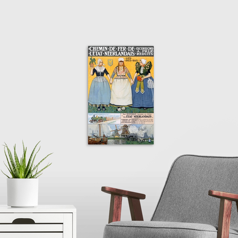 A modern room featuring Chemin de Fer, Neerlandais, Netherlands, Vintage Poster, by Henri Cassiers