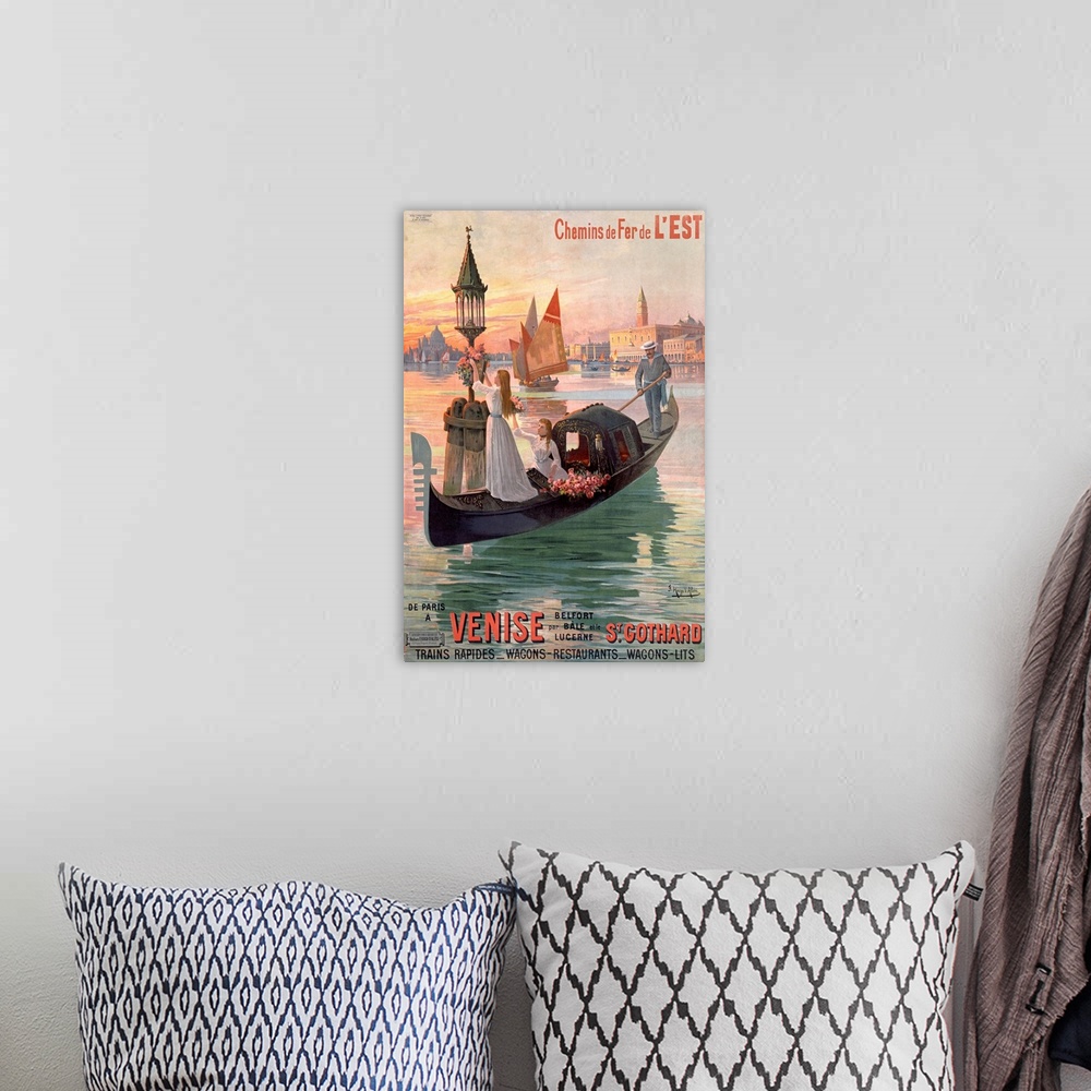A bohemian room featuring Vintage painting of a gondola in Venice with young ladies standing on the boat decorating the lig...