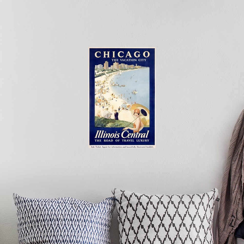 A bohemian room featuring Huge advertising art focuses on a beach scene within the largest city of Illinois.  The populated...