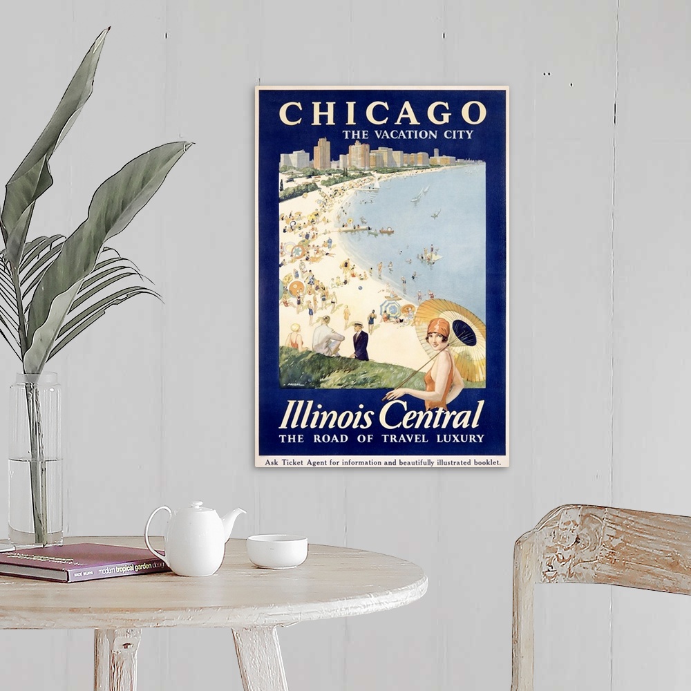 A farmhouse room featuring Huge advertising art focuses on a beach scene within the largest city of Illinois.  The populated...
