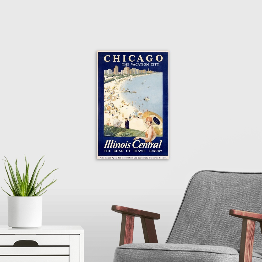 A modern room featuring Huge advertising art focuses on a beach scene within the largest city of Illinois.  The populated...