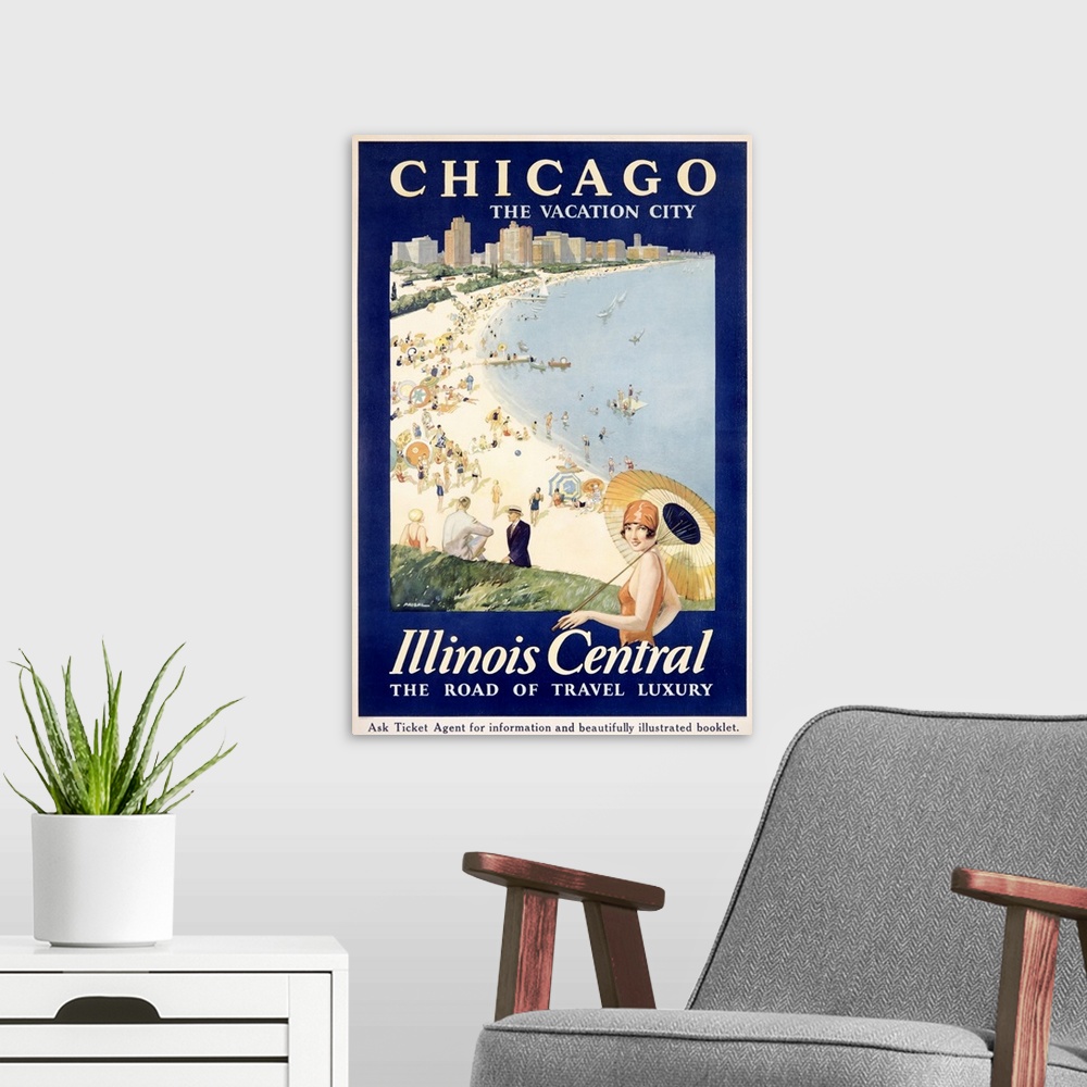 A modern room featuring Huge advertising art focuses on a beach scene within the largest city of Illinois.  The populated...