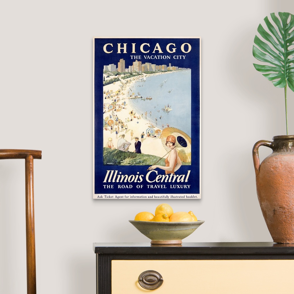 A traditional room featuring Huge advertising art focuses on a beach scene within the largest city of Illinois.  The populated...