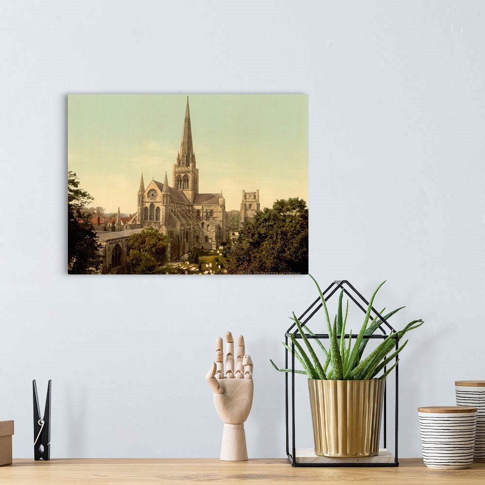 A bohemian room featuring Hand colored photograph of Chichester cathedral, Sussex, England.