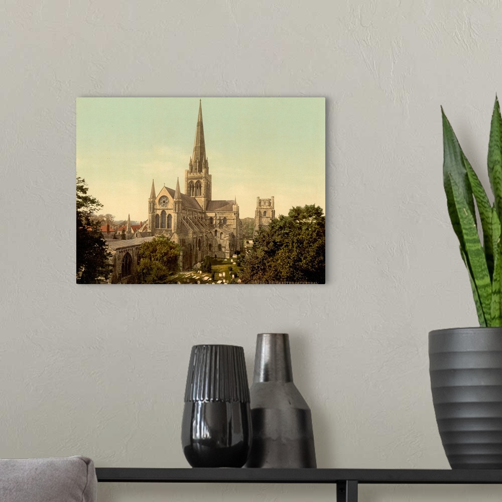 A modern room featuring Hand colored photograph of Chichester cathedral, Sussex, England.