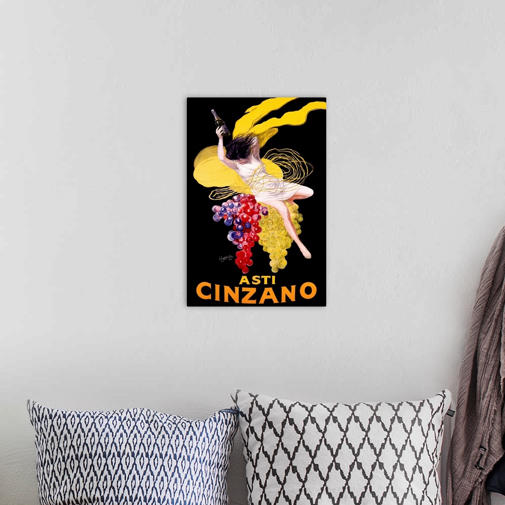 A bohemian room featuring Vintage advertising poster for the Cinzano beverage, featuring a woman in a white dress atop larg...