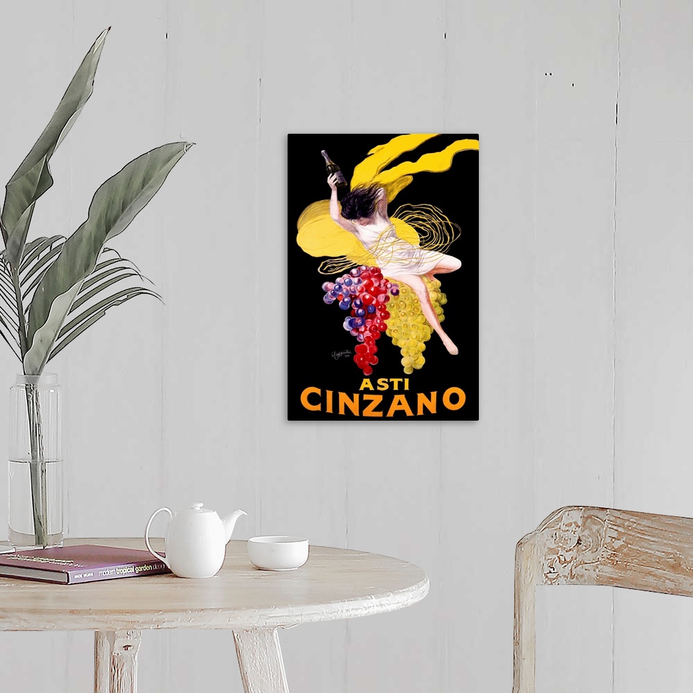 A farmhouse room featuring Vintage advertising poster for the Cinzano beverage, featuring a woman in a white dress atop larg...