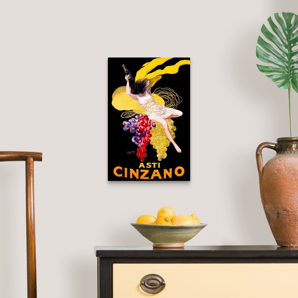 A traditional room featuring Vintage advertising poster for the Cinzano beverage, featuring a woman in a white dress atop larg...