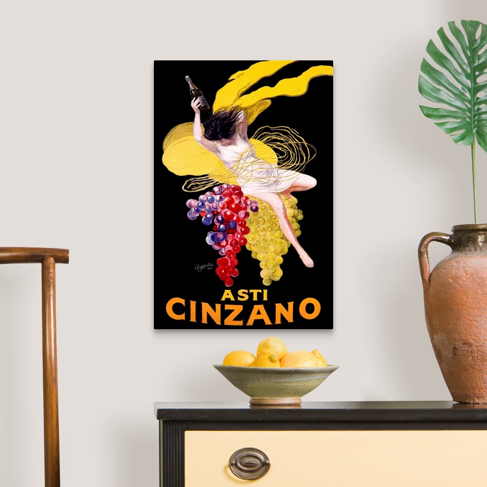 A traditional room featuring Vintage advertising poster for the Cinzano beverage, featuring a woman in a white dress atop larg...