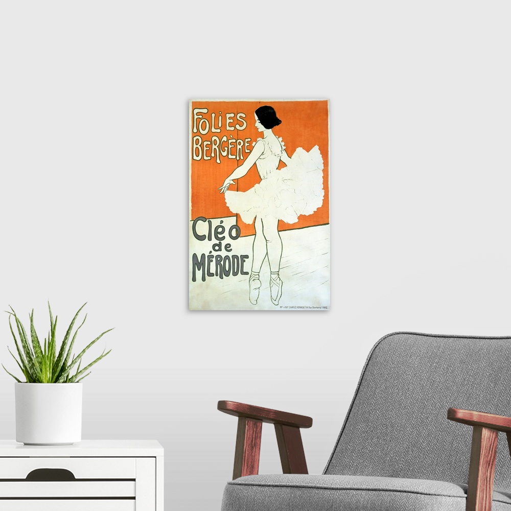 A modern room featuring This vintage poster is of a ballerina standing on her tip toes as she begins to twirl.