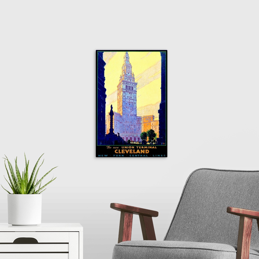 A modern room featuring Cleveland Union Train Terminal Vintage Advertising Poster