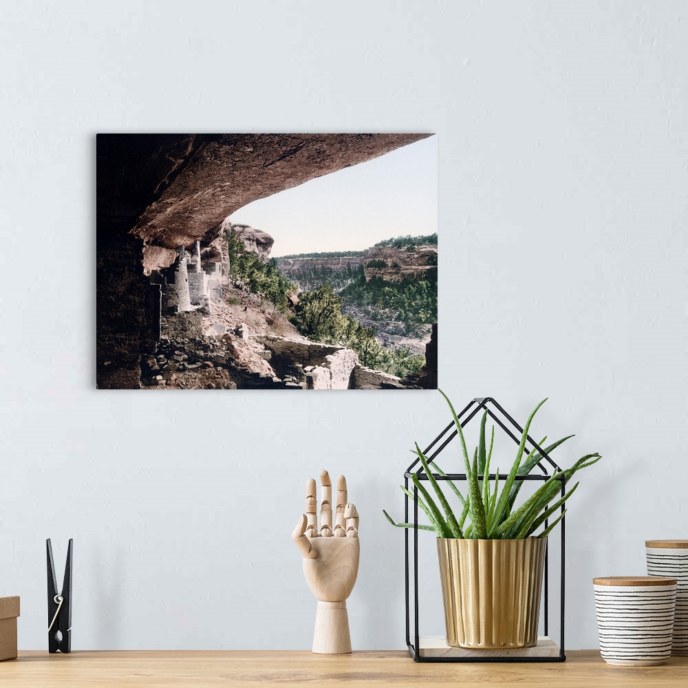 A bohemian room featuring Cliff Palace Mesa Verde From the Ruins Colorado Vintage Photograph