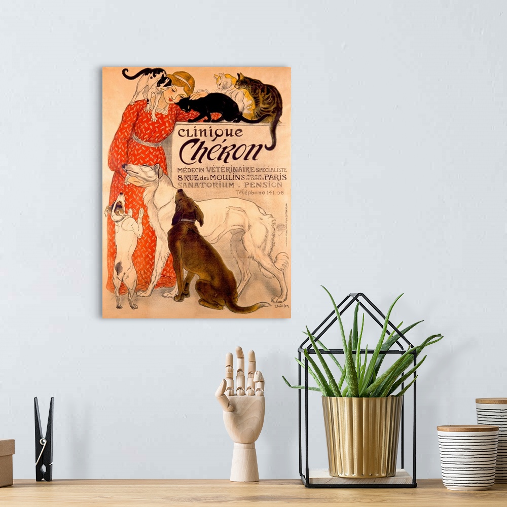 A bohemian room featuring Vintage artwork that shows a woman in a red dress being loved on by both cats and dogs.