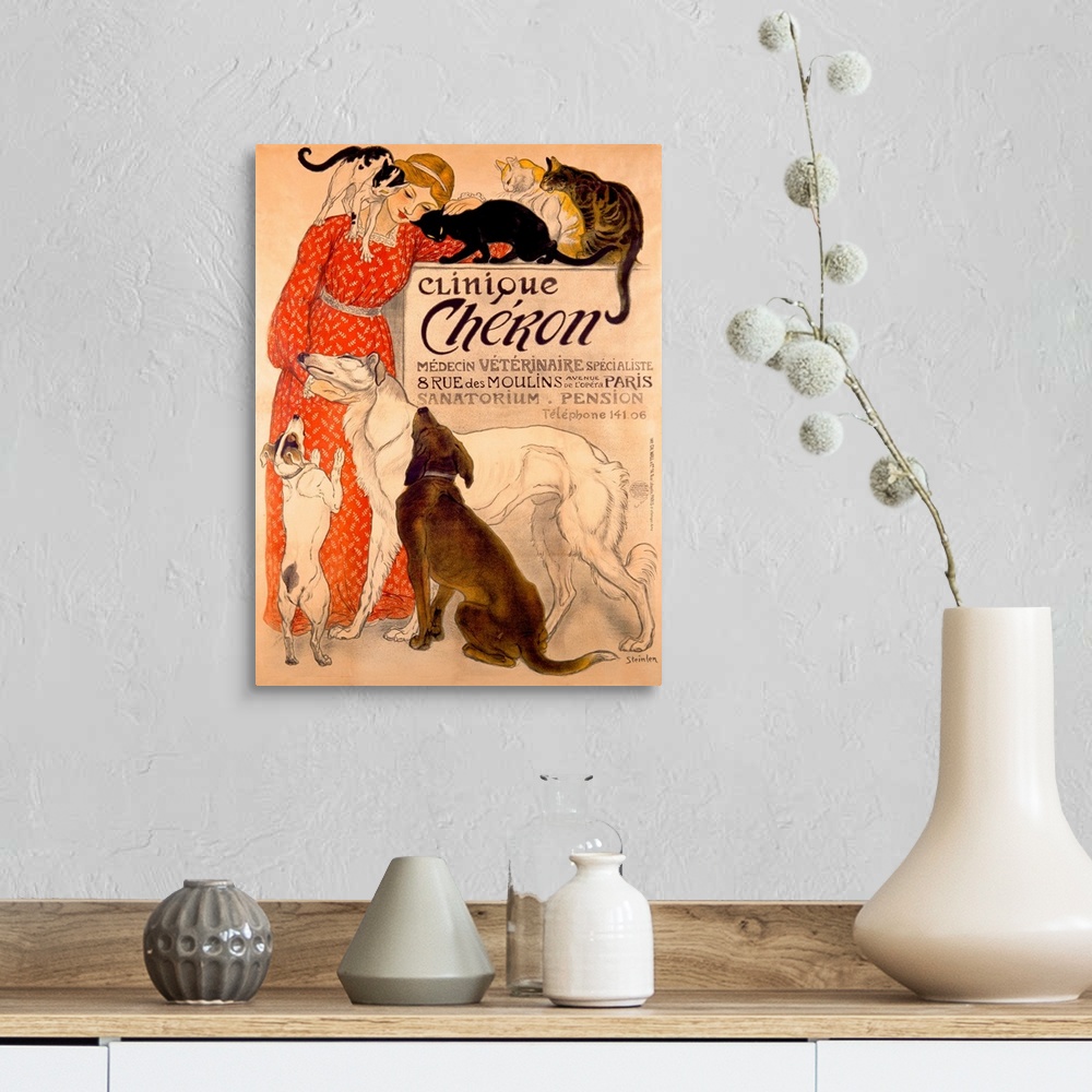 A farmhouse room featuring Vintage artwork that shows a woman in a red dress being loved on by both cats and dogs.