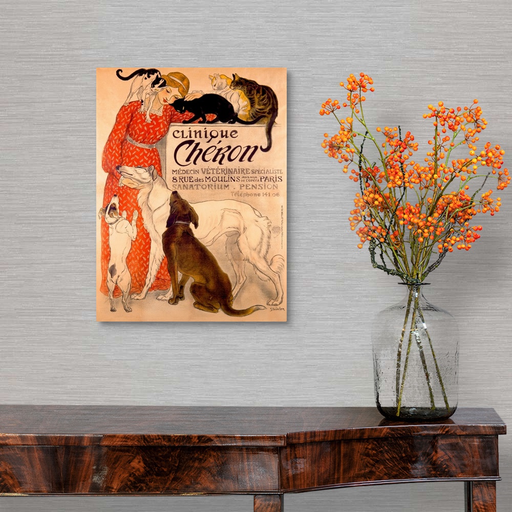 A traditional room featuring Vintage artwork that shows a woman in a red dress being loved on by both cats and dogs.