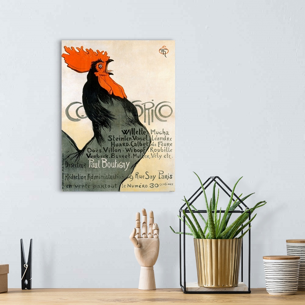 A bohemian room featuring Vintage poster of a black rooster crowing.