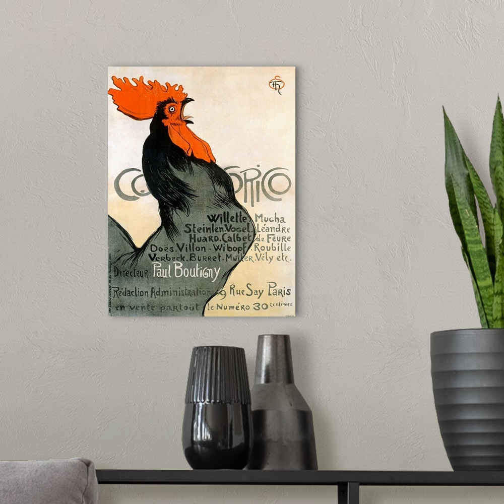 A modern room featuring Vintage poster of a black rooster crowing.