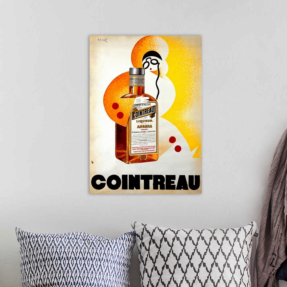 A bohemian room featuring Old poster advertising liquor company with a woman dressed as a snowman holding an oversized bott...