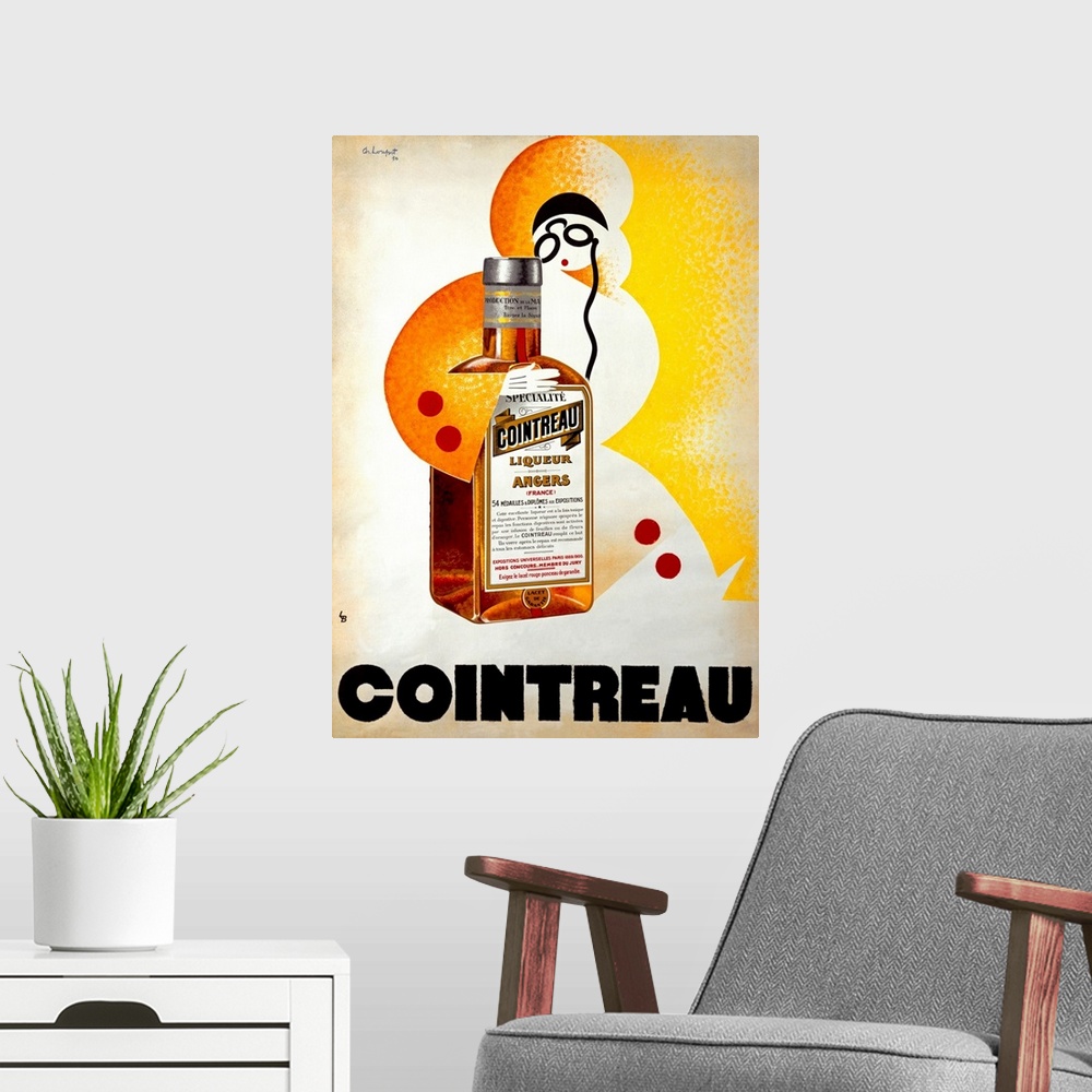 A modern room featuring Old poster advertising liquor company with a woman dressed as a snowman holding an oversized bott...