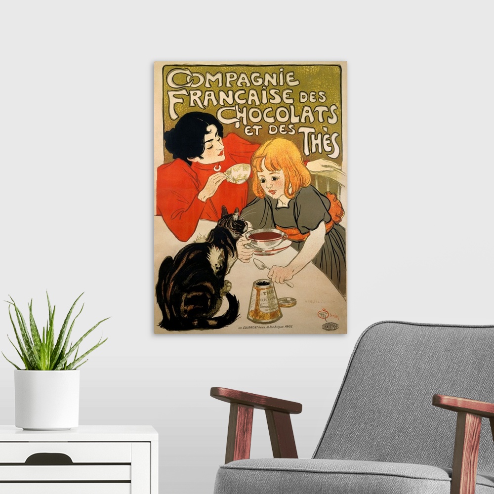 A modern room featuring Old advertising poster with a mother and daughter sitting at a table drinking hot chocolate.  The...