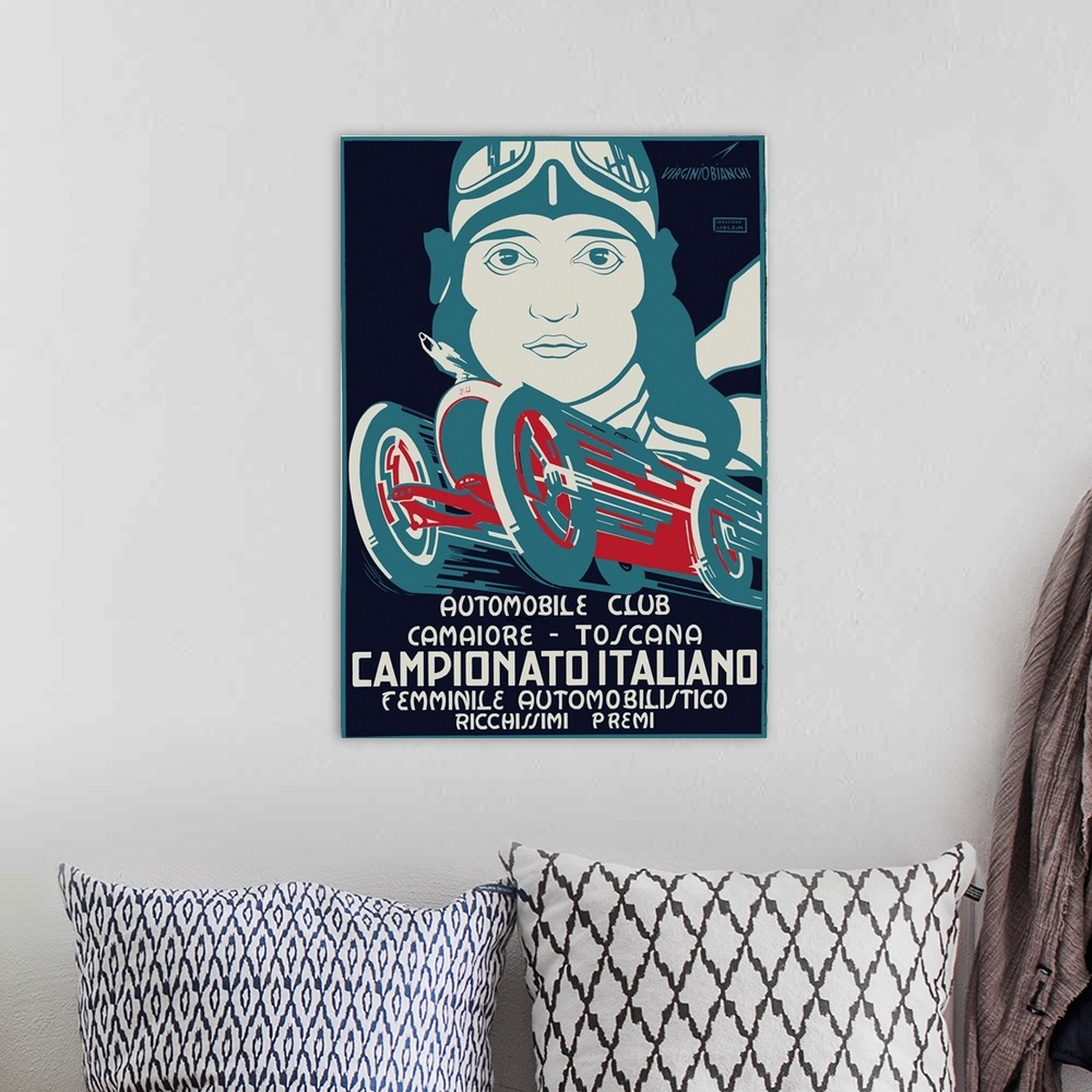 A bohemian room featuring Old advertising print for an automobile club with a racer's headshot and vintage racecar.