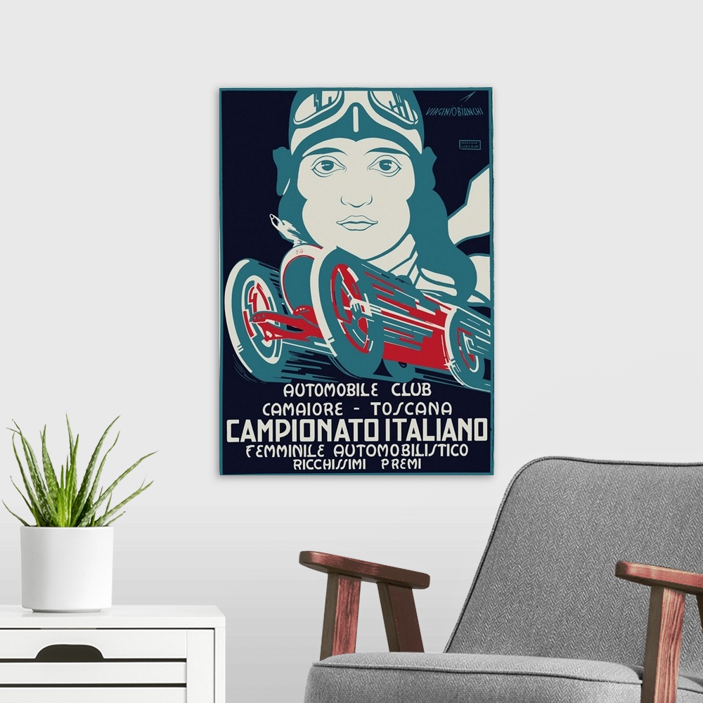 A modern room featuring Old advertising print for an automobile club with a racer's headshot and vintage racecar.