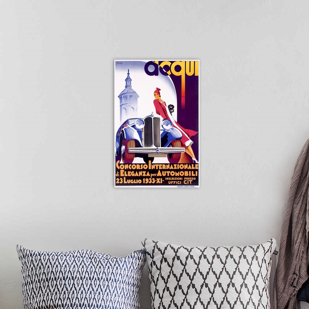 A bohemian room featuring A vintage poster of a tall woman as she leans against a classic car holding her small dog.