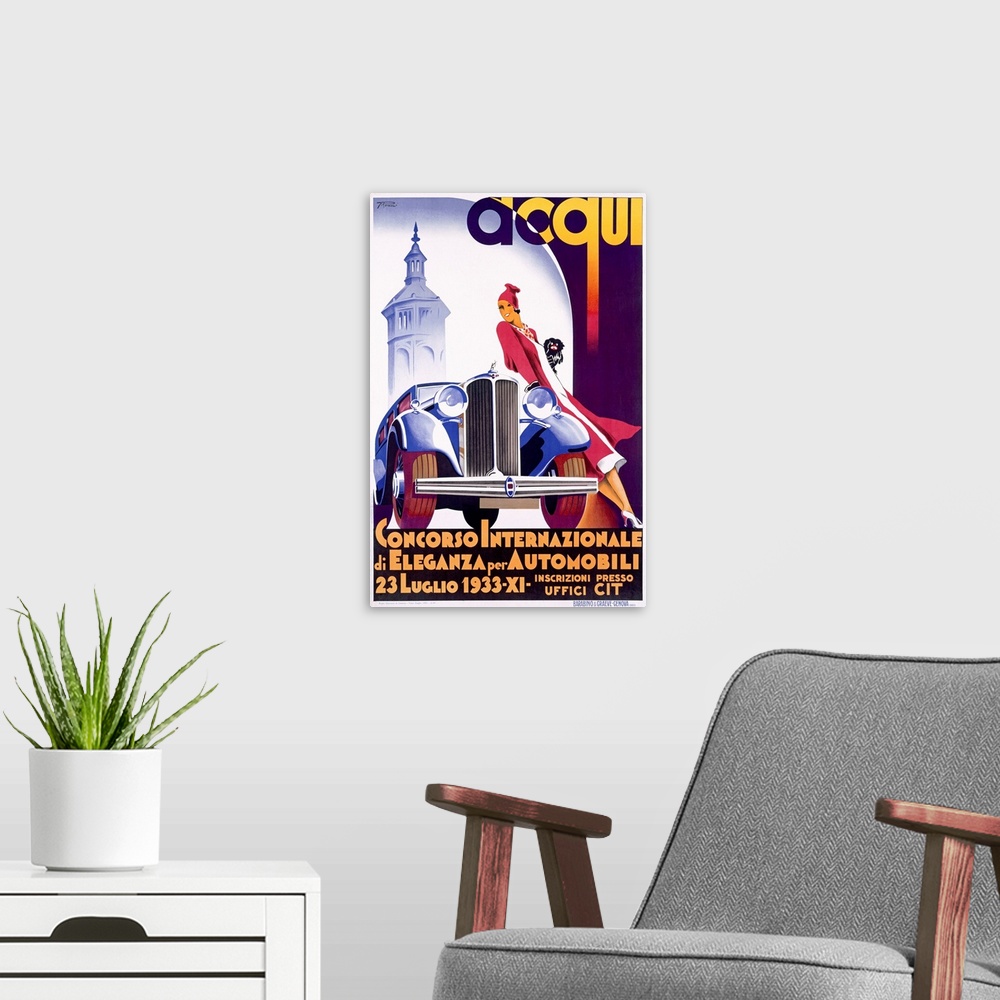 A modern room featuring A vintage poster of a tall woman as she leans against a classic car holding her small dog.
