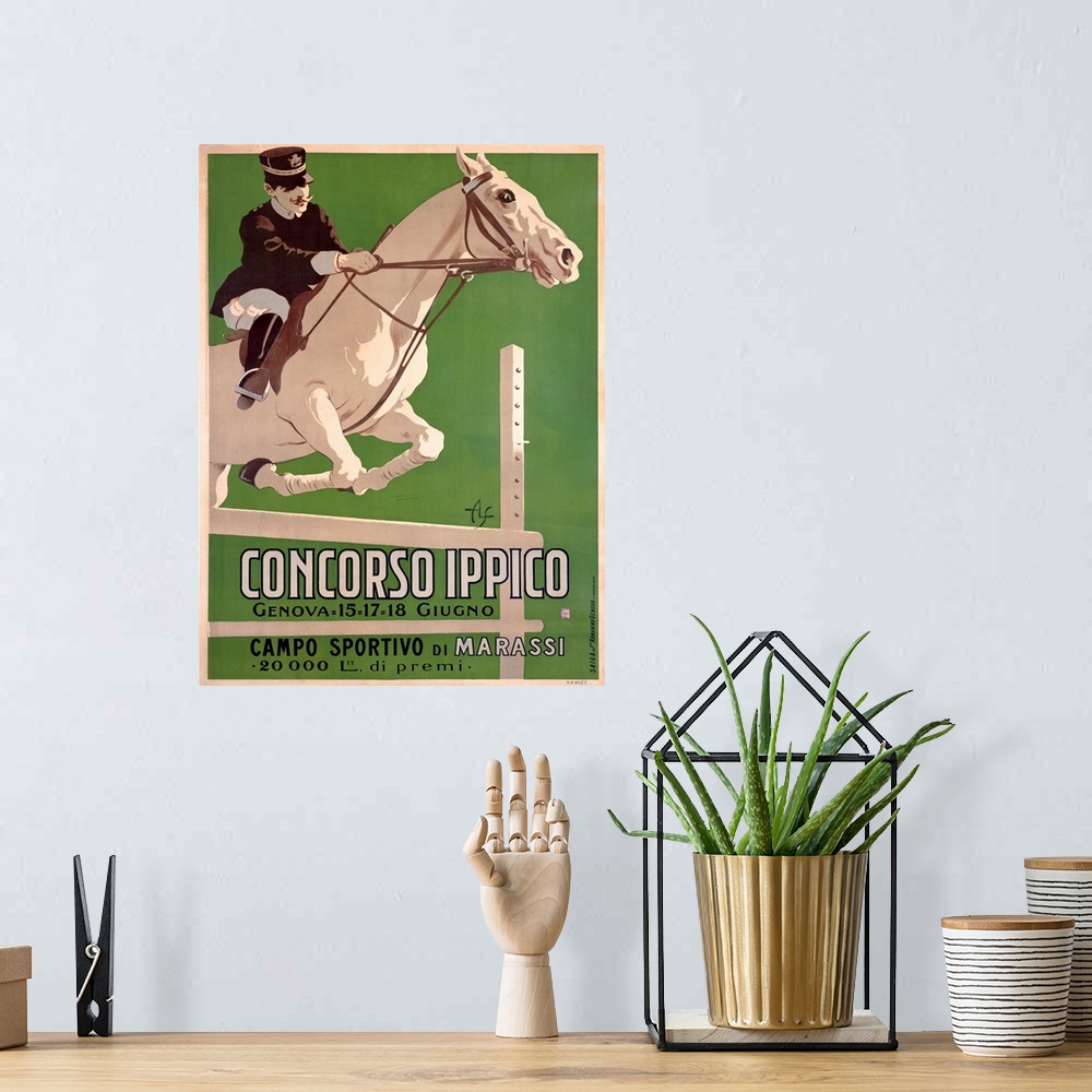 A bohemian room featuring Vintage Italian advertisement for an equestrian event depicting horse and rider leaping over a hu...