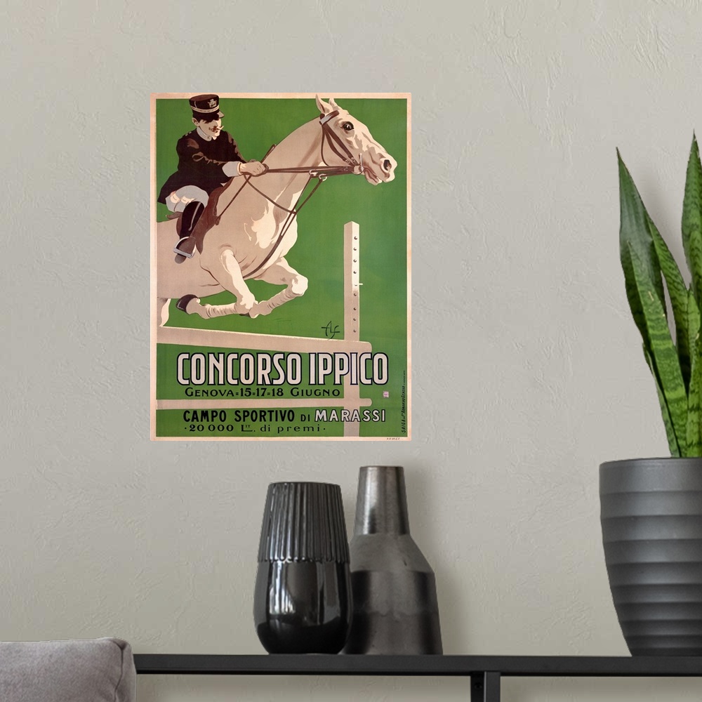 A modern room featuring Vintage Italian advertisement for an equestrian event depicting horse and rider leaping over a hu...