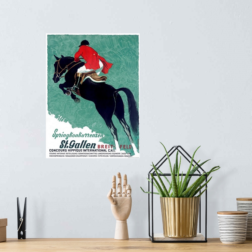A bohemian room featuring Classic promotional piece for Concours Hippique International in St. Gallen featuring a rider on ...