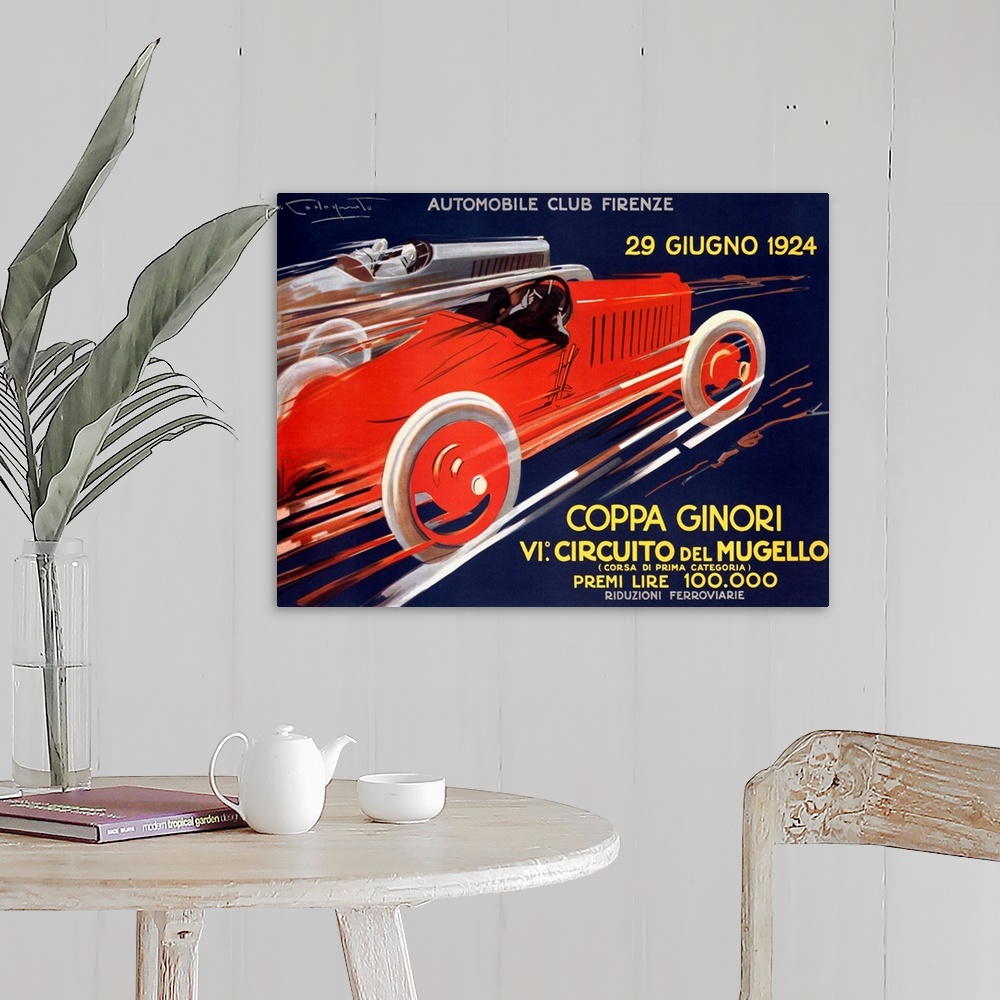 A farmhouse room featuring Classic poser illustrating speeding Italian cars.