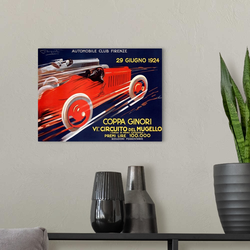 A modern room featuring Classic poser illustrating speeding Italian cars.