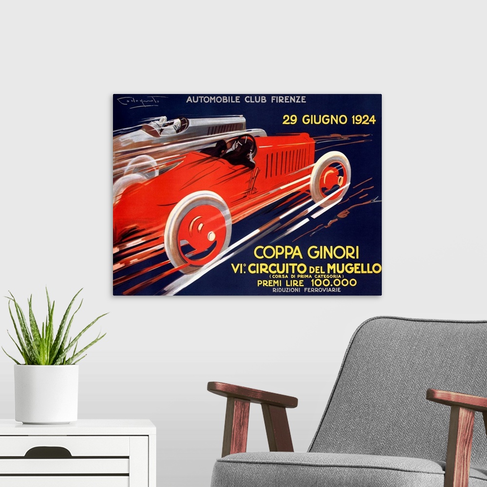 A modern room featuring Classic poser illustrating speeding Italian cars.