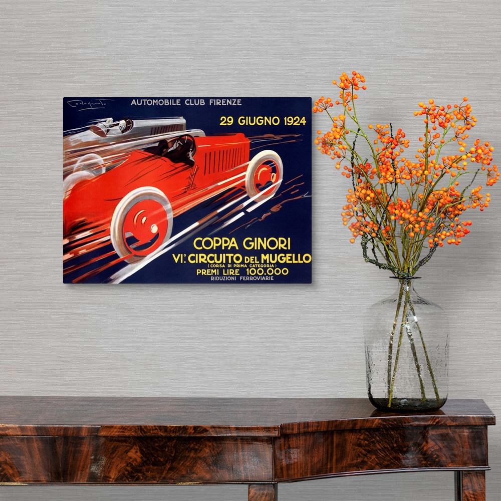 A traditional room featuring Classic poser illustrating speeding Italian cars.